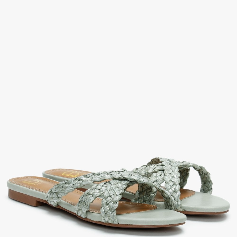 Yasemin Green Plaited Cross Strap Mules