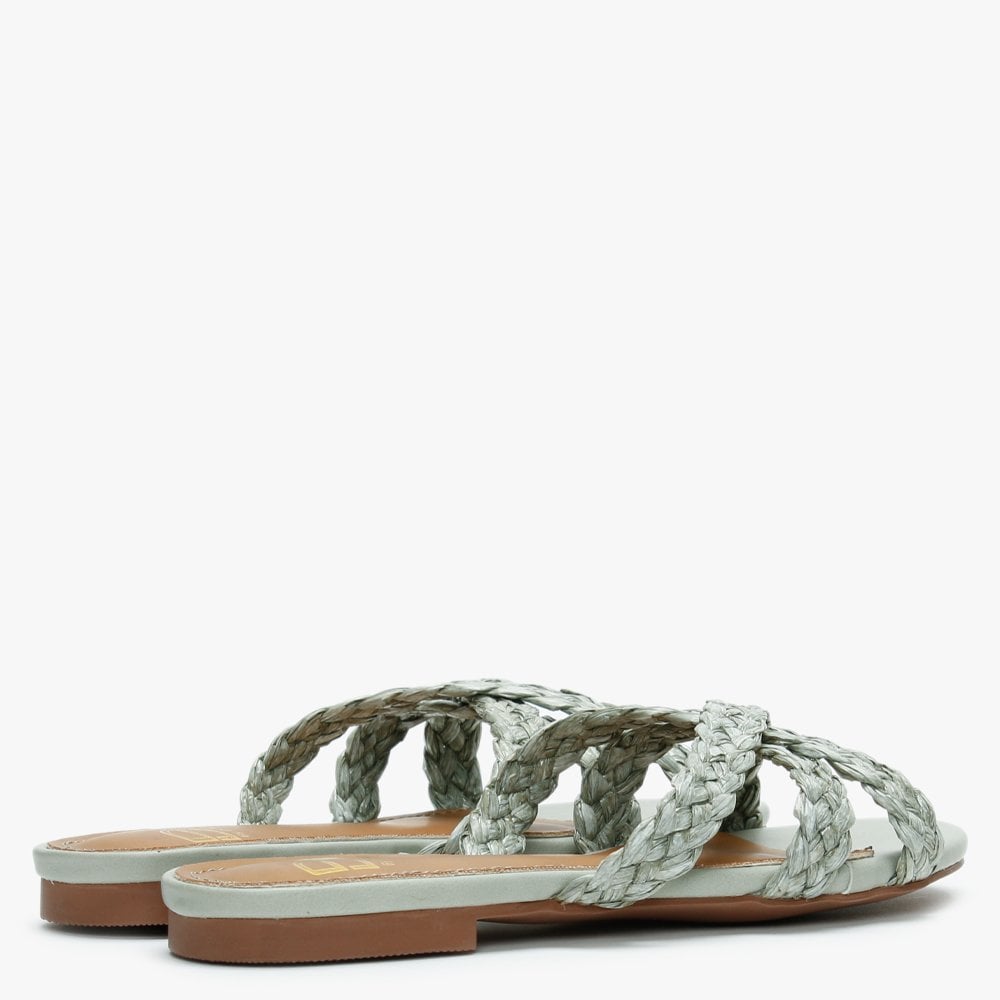 Yasemin Green Plaited Cross Strap Mules