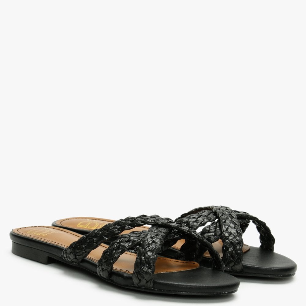 Yasemin Black Plaited Cross Strap Mules