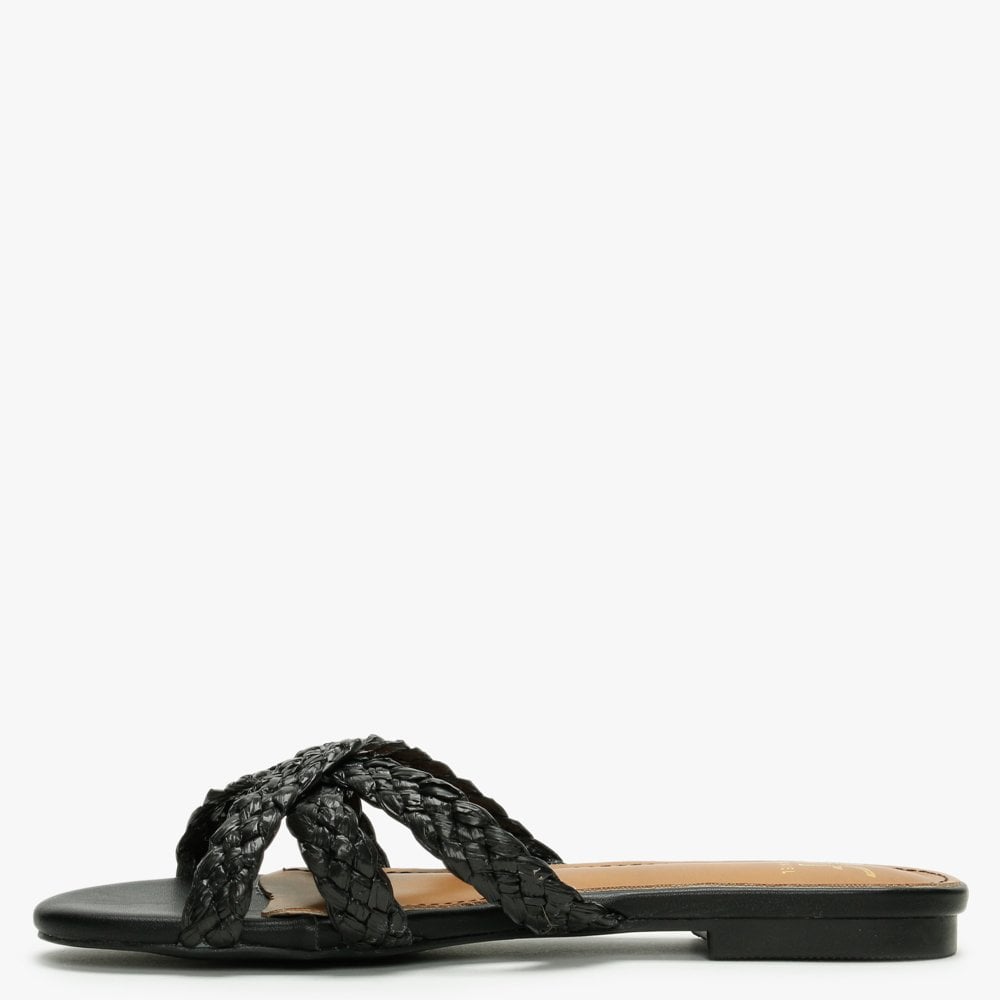 Yasemin Black Plaited Cross Strap Mules
