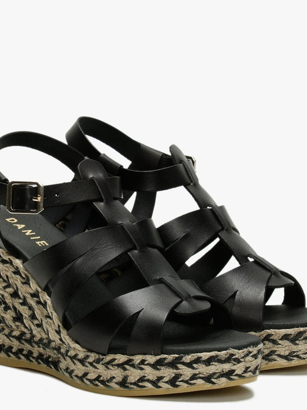 Isley Black Leather Jute Wedge Sandals