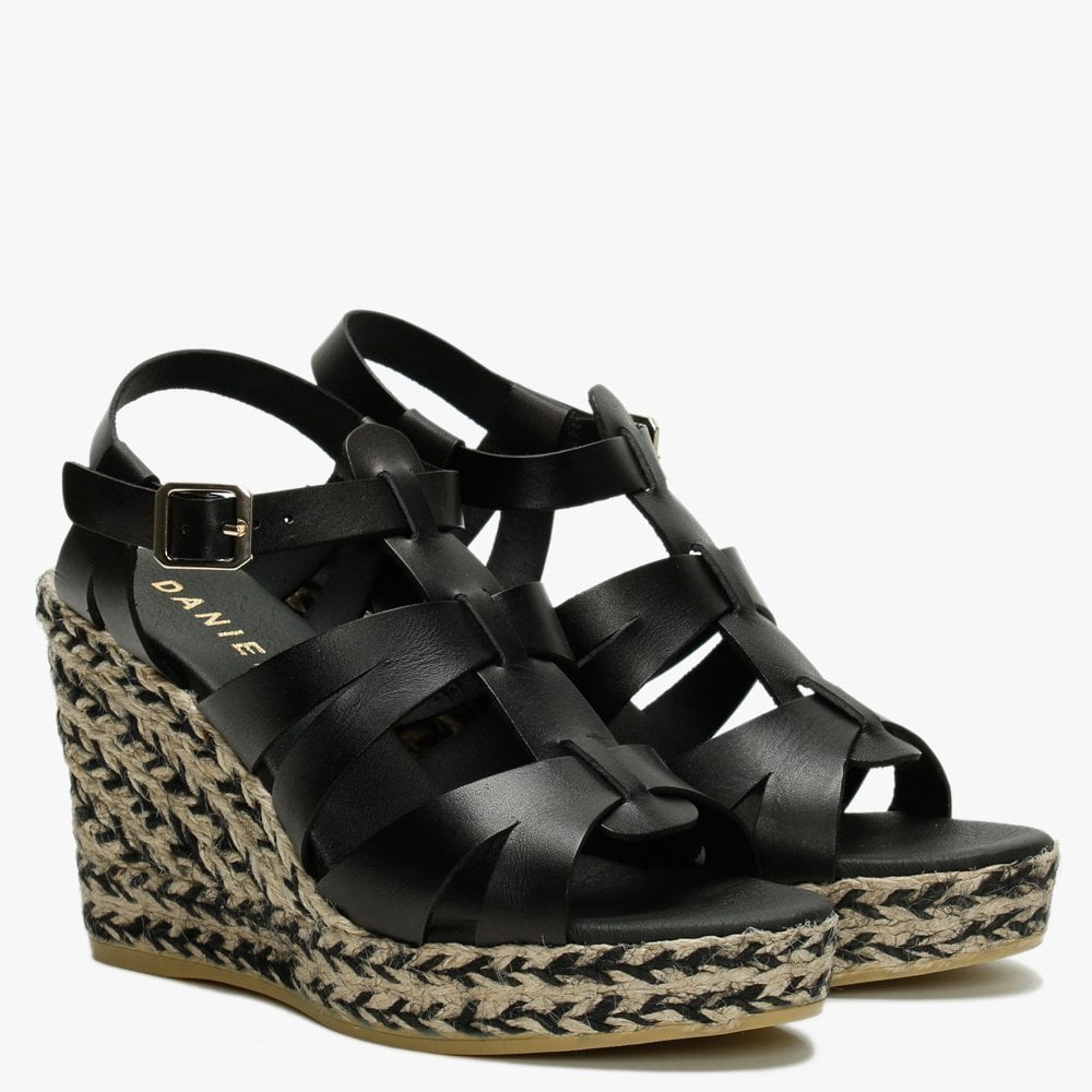 Isley Black Leather Jute Wedge Sandals