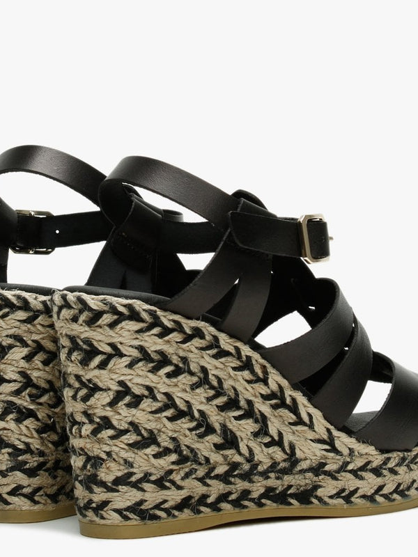 Isley Black Leather Jute Wedge Sandals