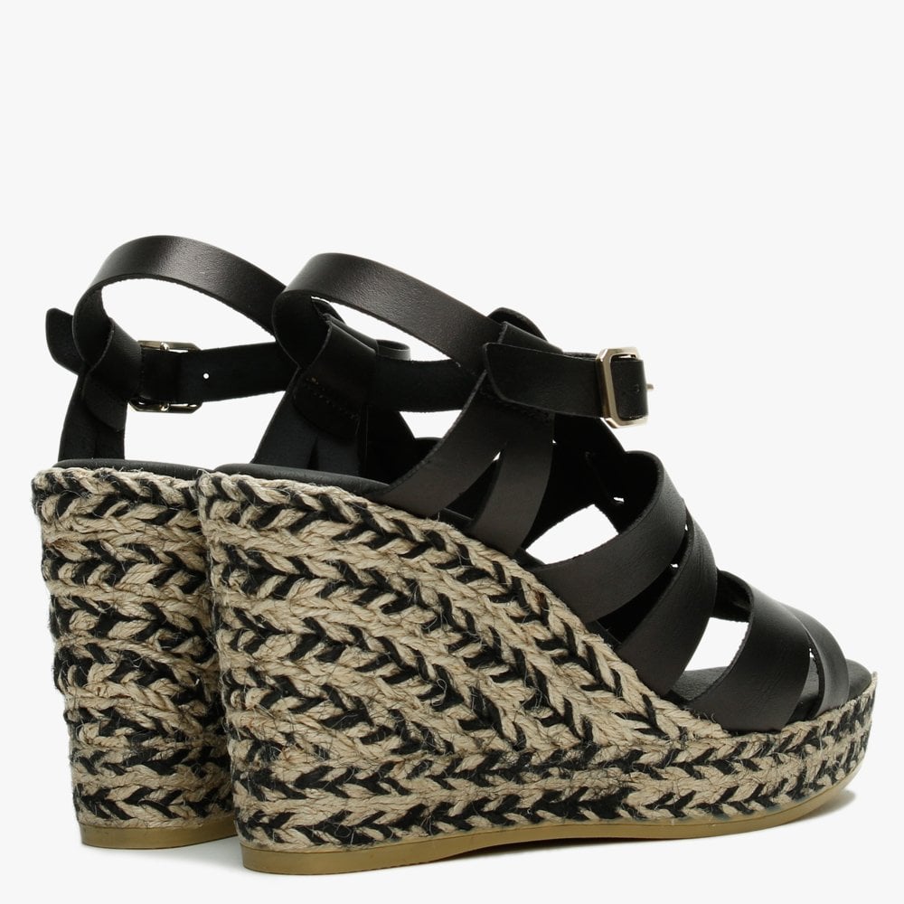 Isley Black Leather Jute Wedge Sandals