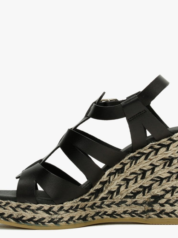 Isley Black Leather Jute Wedge Sandals