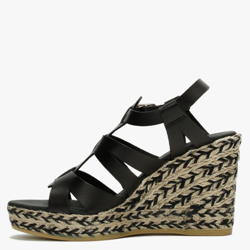 Isley Black Leather Jute Wedge Sandals