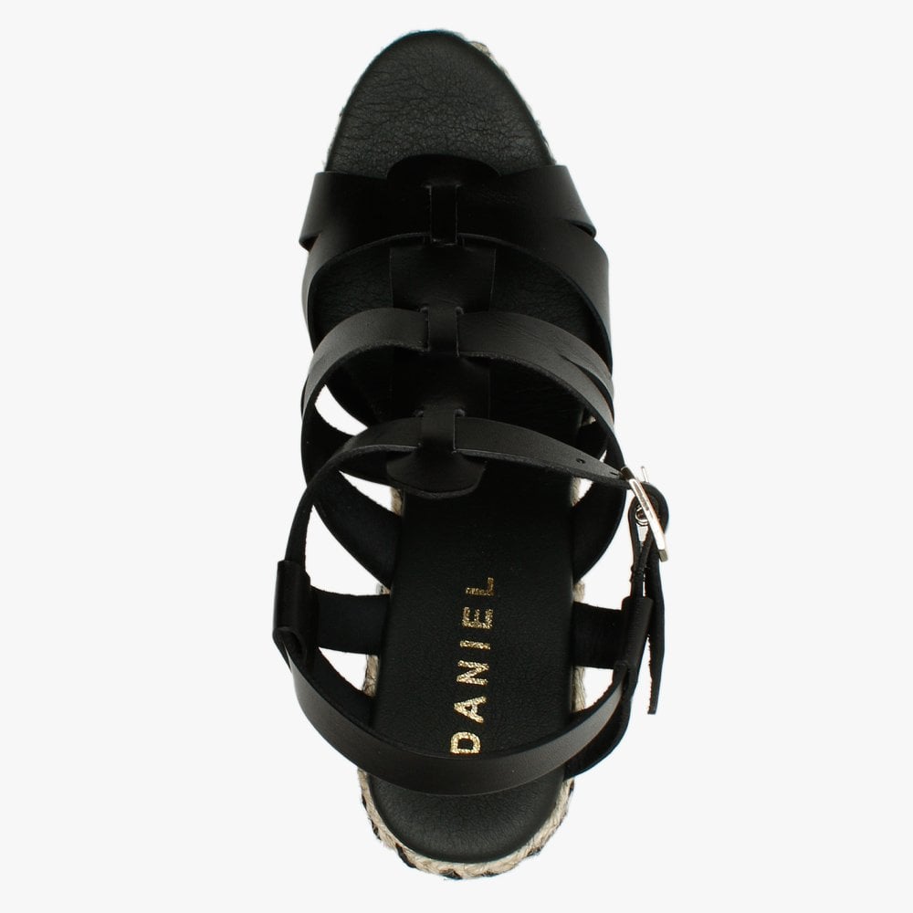 Isley Black Leather Jute Wedge Sandals