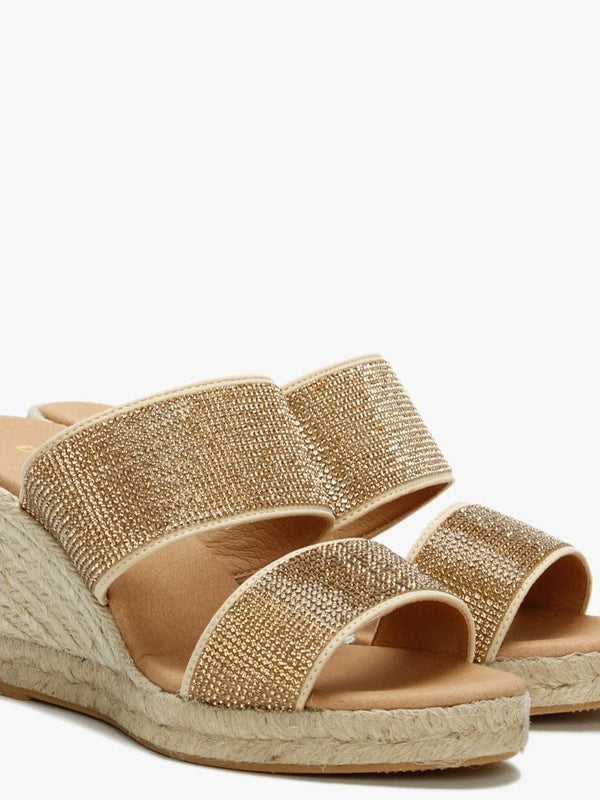 Invona Gold Leather Embellished Two Bar Wedge Mules