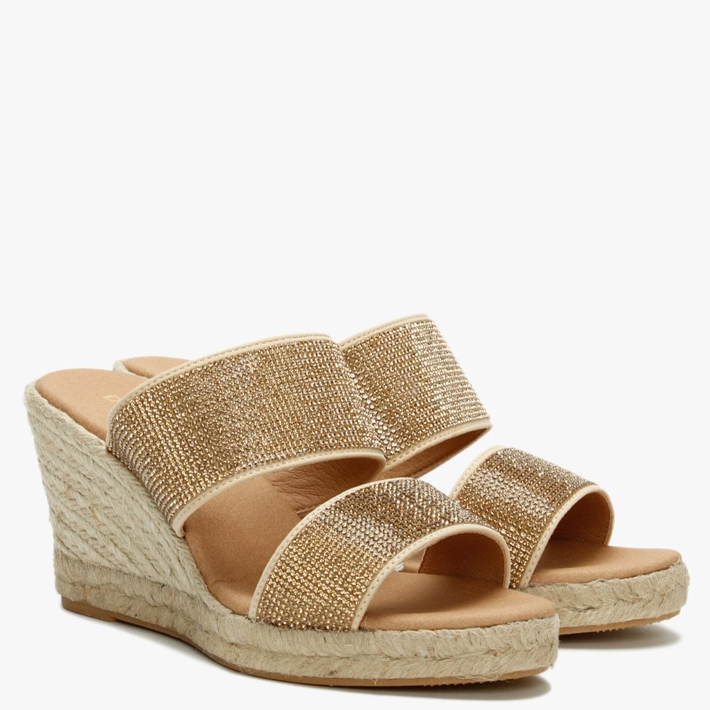 Invona Gold Leather Embellished Two Bar Wedge Mules