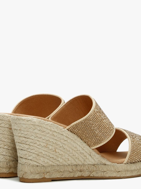 Invona Gold Leather Embellished Two Bar Wedge Mules