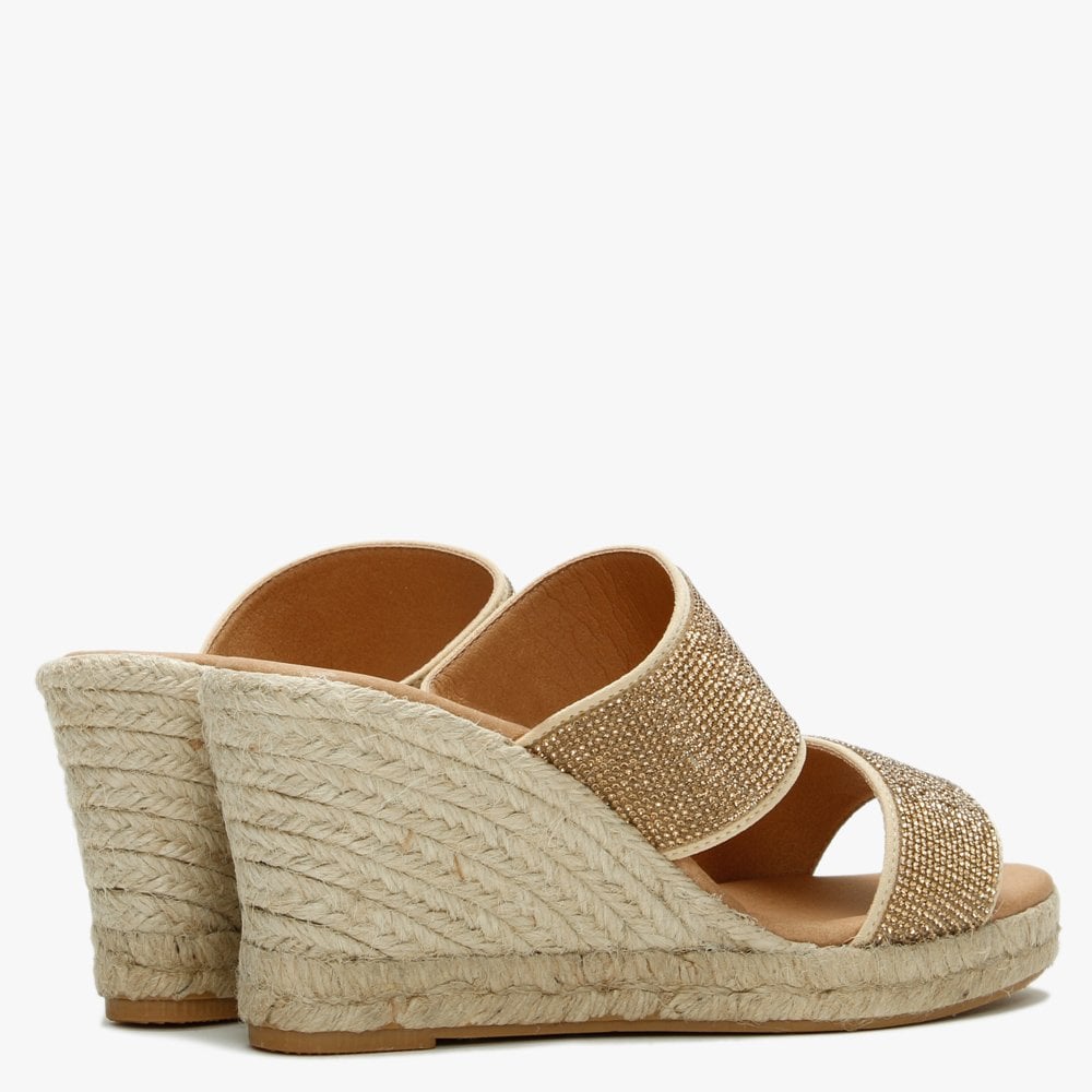 Invona Gold Leather Embellished Two Bar Wedge Mules