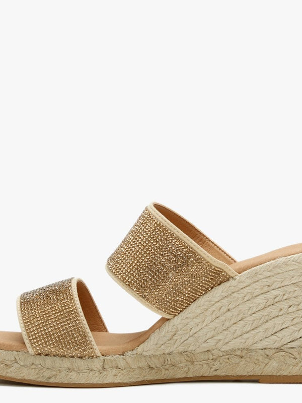 Invona Gold Leather Embellished Two Bar Wedge Mules