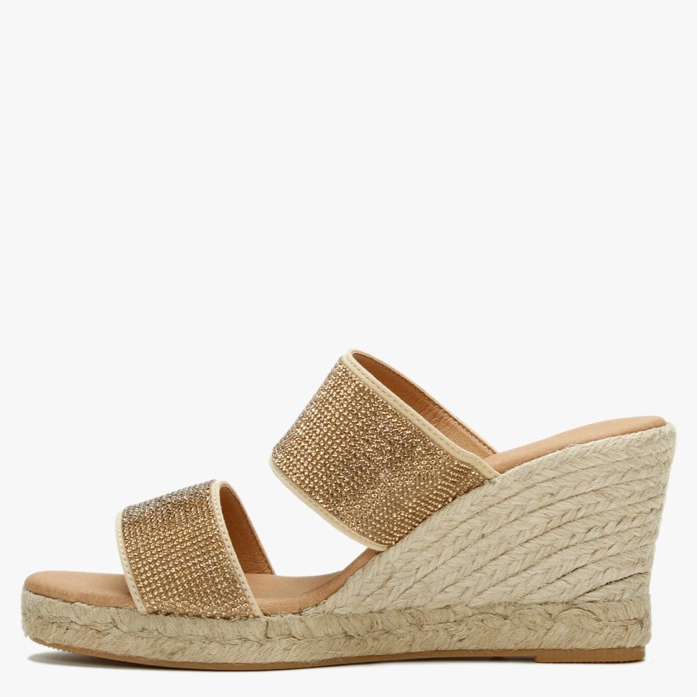 Invona Gold Leather Embellished Two Bar Wedge Mules