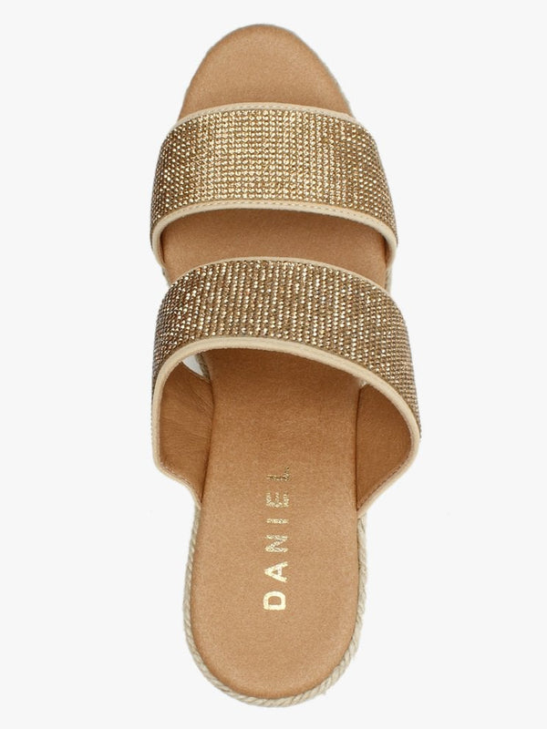 Invona Gold Leather Embellished Two Bar Wedge Mules