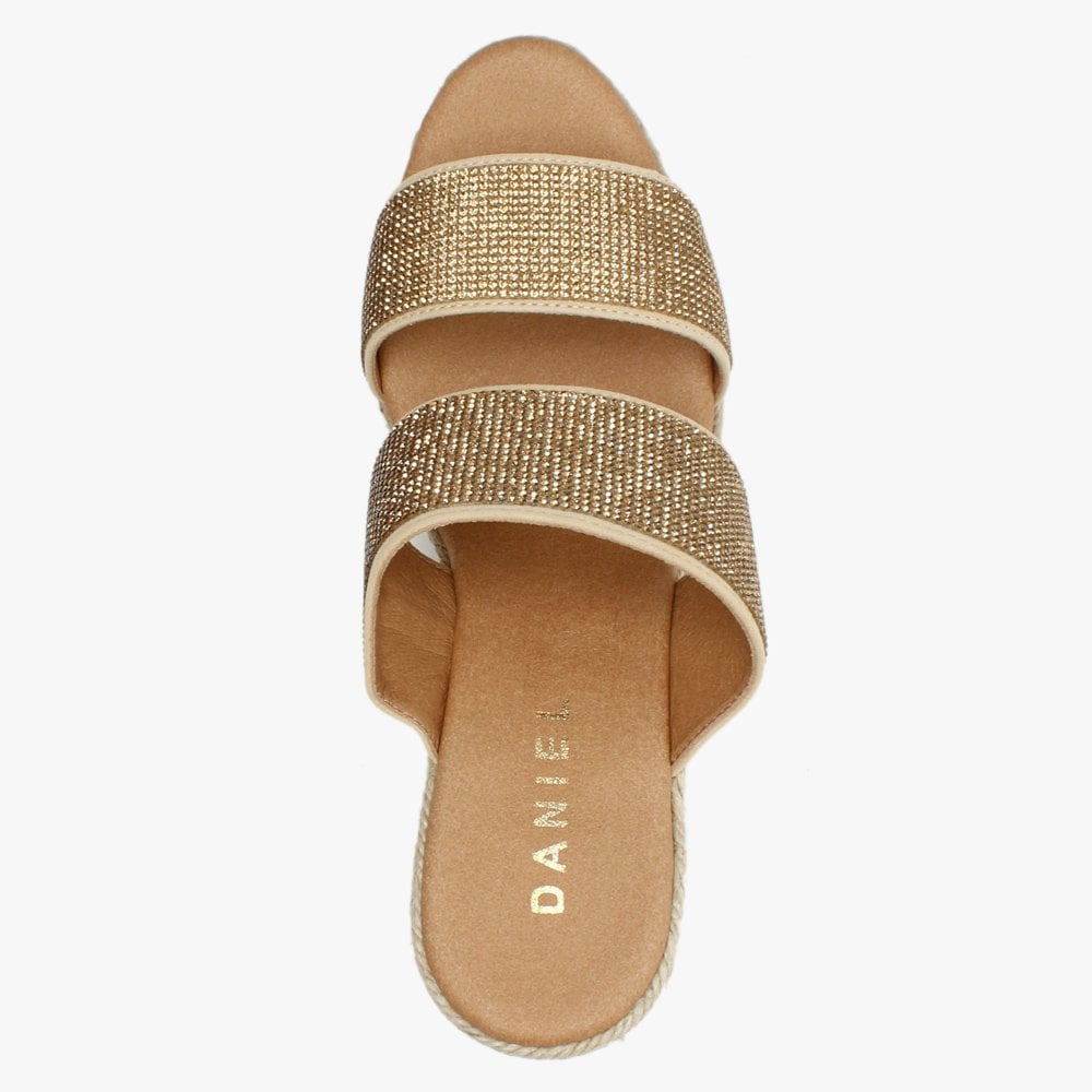 Invona Gold Leather Embellished Two Bar Wedge Mules