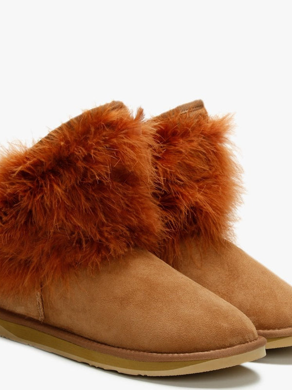 Mongol Tan Double Faced Sheepskin Feather Trim Ankle Boots