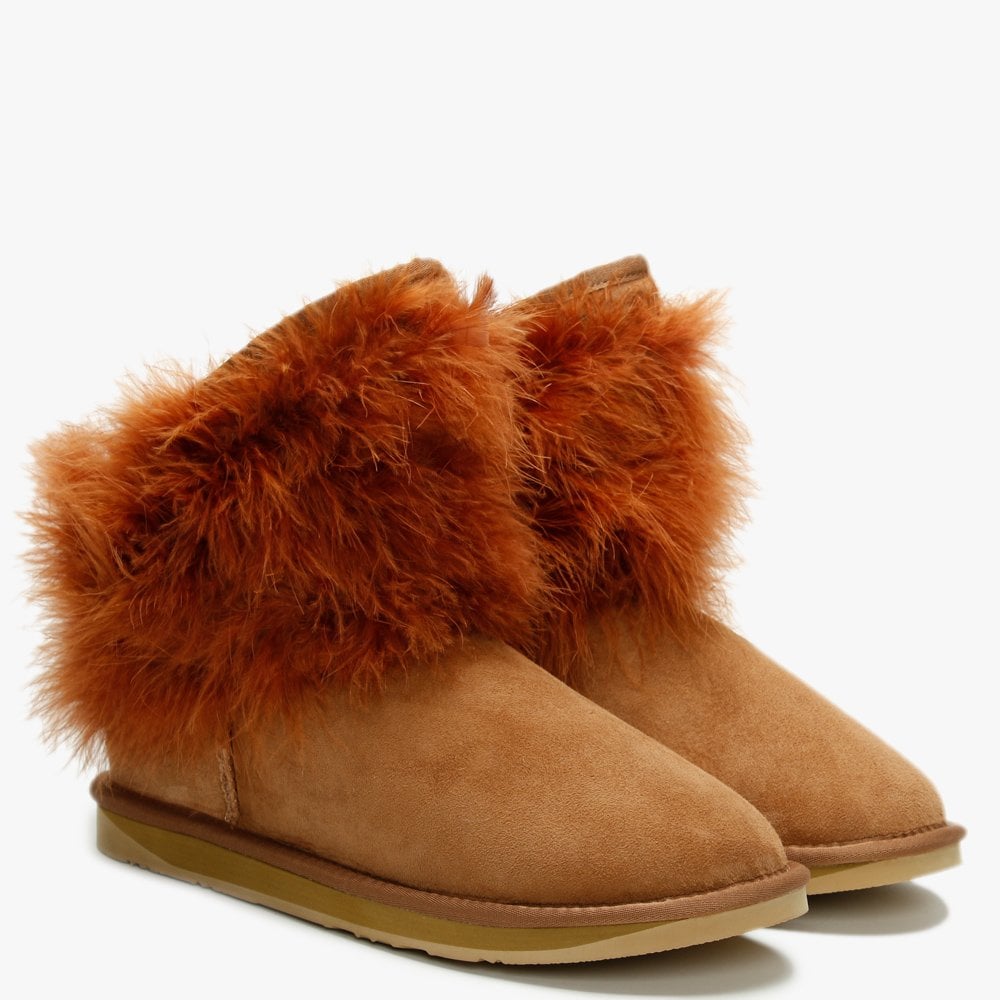 Mongol Tan Double Faced Sheepskin Feather Trim Ankle Boots