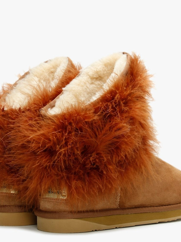 Mongol Tan Double Faced Sheepskin Feather Trim Ankle Boots