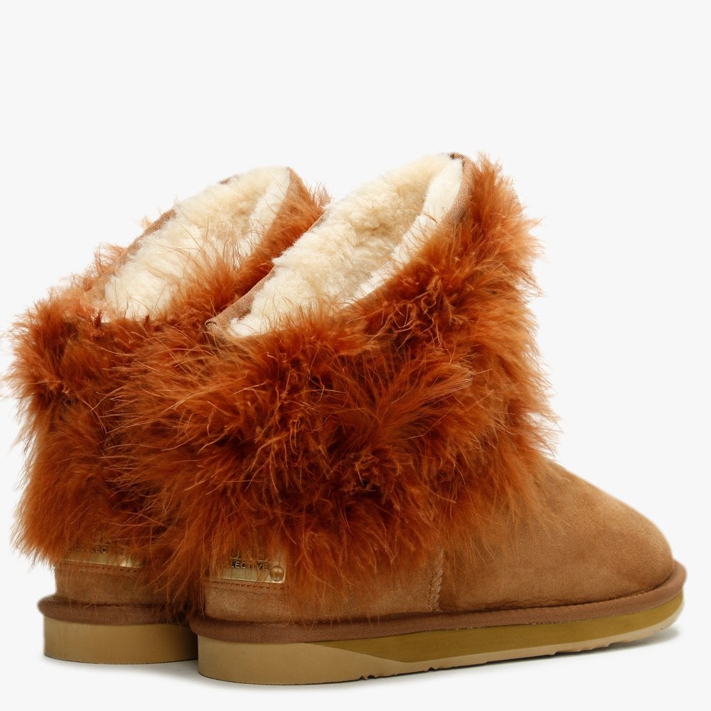 Mongol Tan Double Faced Sheepskin Feather Trim Ankle Boots
