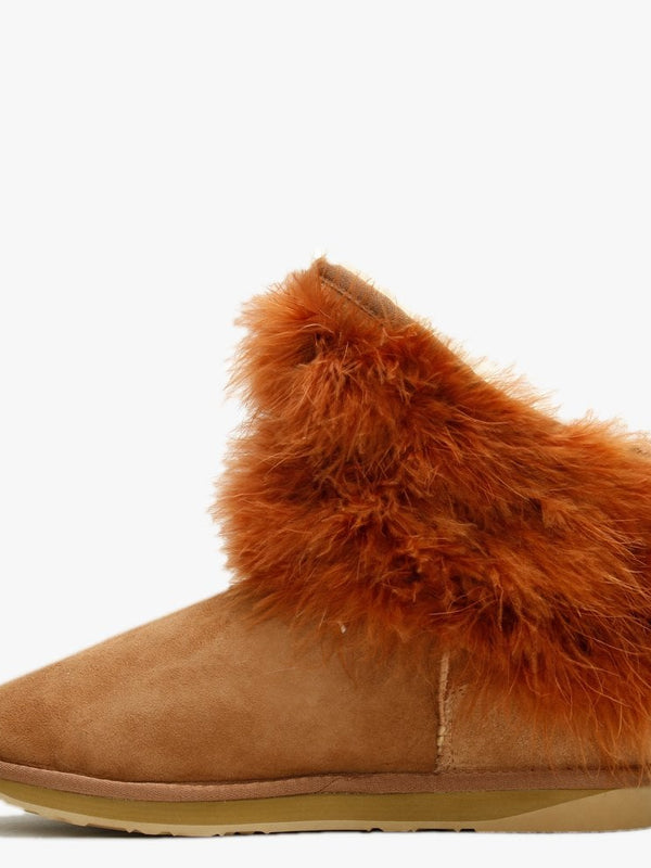 Mongol Tan Double Faced Sheepskin Feather Trim Ankle Boots