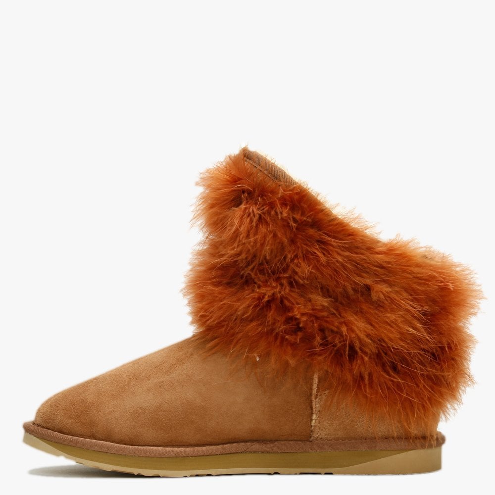 Mongol Tan Double Faced Sheepskin Feather Trim Ankle Boots