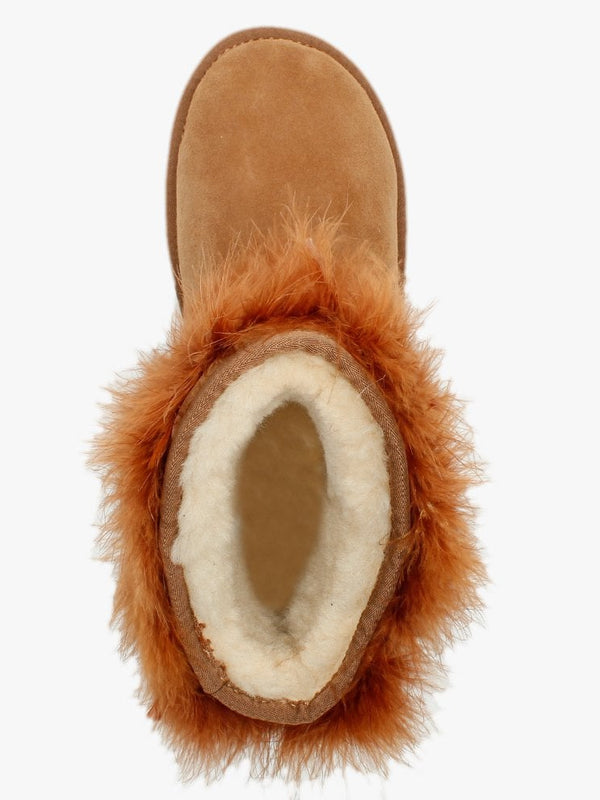 Mongol Tan Double Faced Sheepskin Feather Trim Ankle Boots