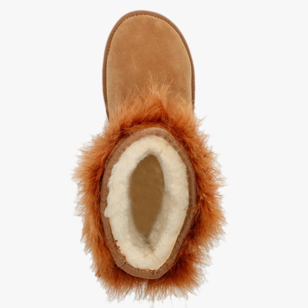 Mongol Tan Double Faced Sheepskin Feather Trim Ankle Boots