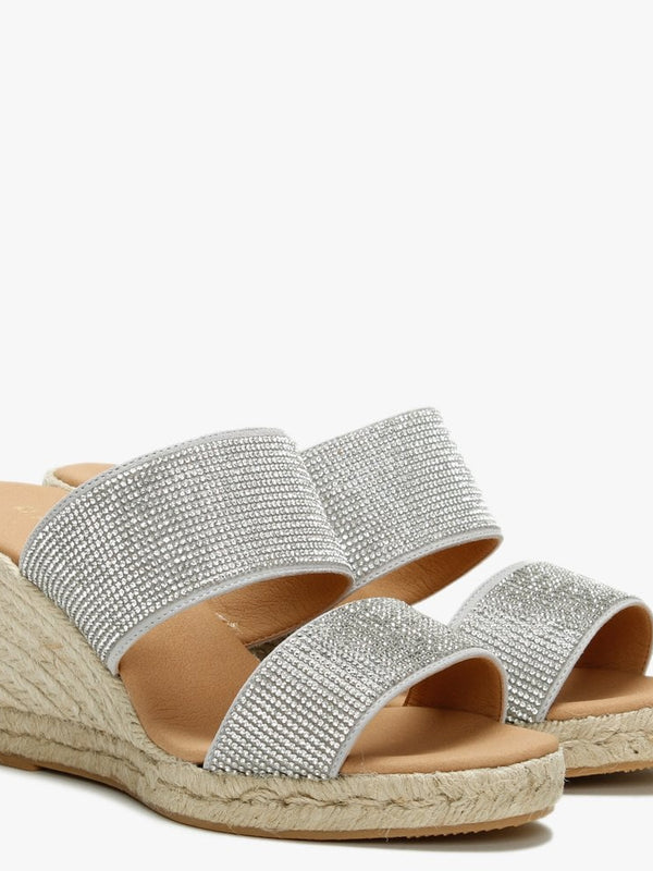 Invona Sliver Leather Embellished Two Bar Wedge Mules
