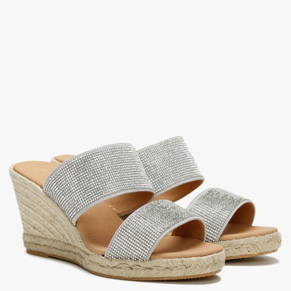 Invona Sliver Leather Embellished Two Bar Wedge Mules