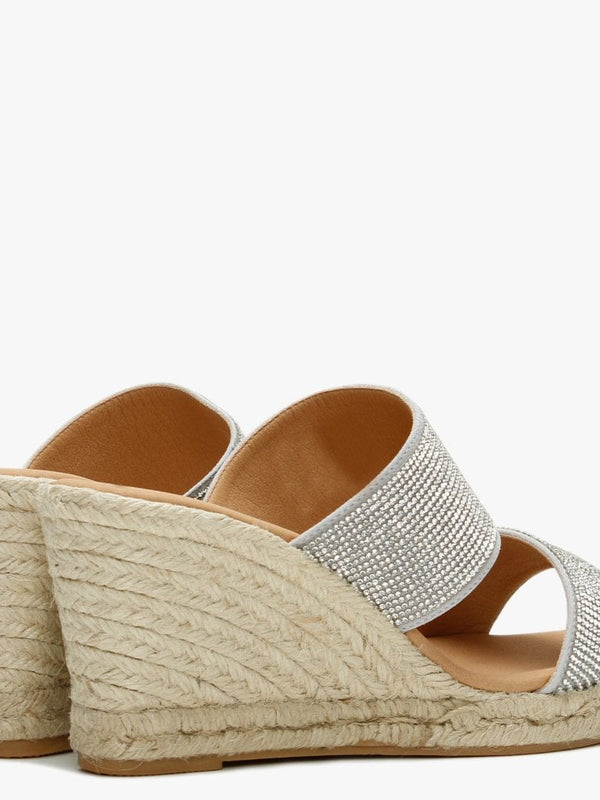 Invona Sliver Leather Embellished Two Bar Wedge Mules