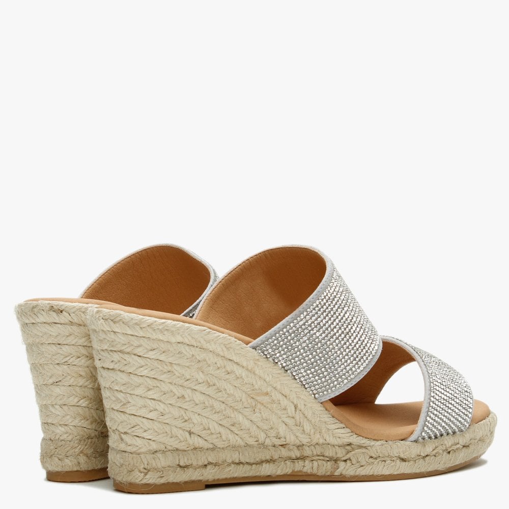 Invona Sliver Leather Embellished Two Bar Wedge Mules