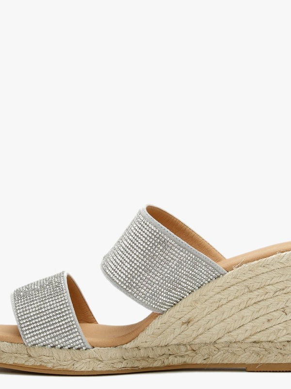 Invona Sliver Leather Embellished Two Bar Wedge Mules