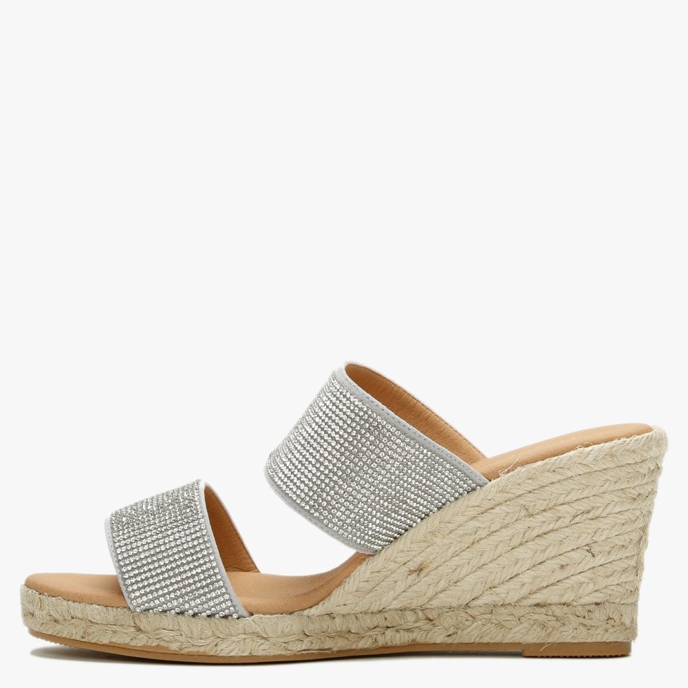 Invona Sliver Leather Embellished Two Bar Wedge Mules