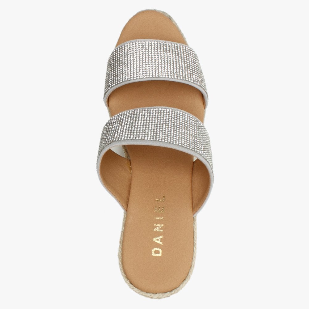 Invona Sliver Leather Embellished Two Bar Wedge Mules