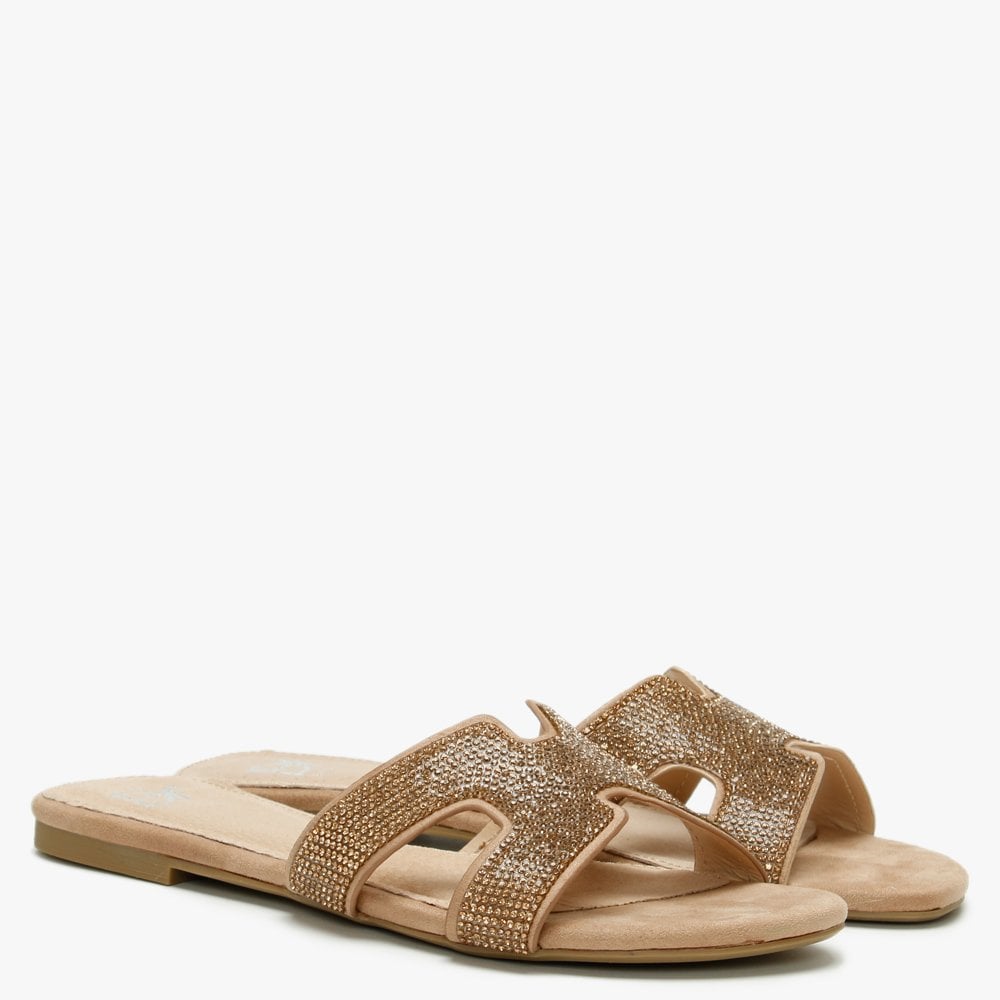 Ninia Gold Diamante Flat Mules