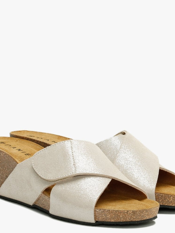 Peyton Beige Metallic Leather Cross Strap Wedge Mules
