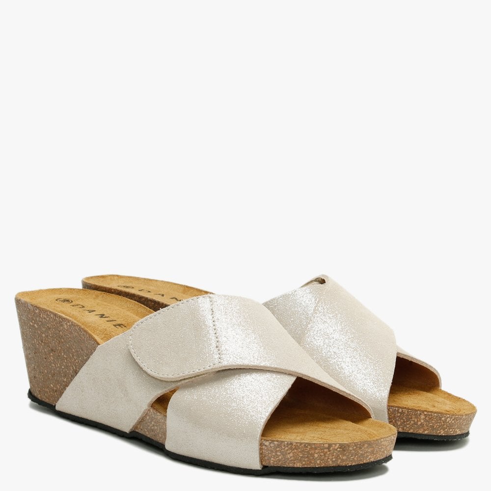 Peyton Beige Metallic Leather Cross Strap Wedge Mules