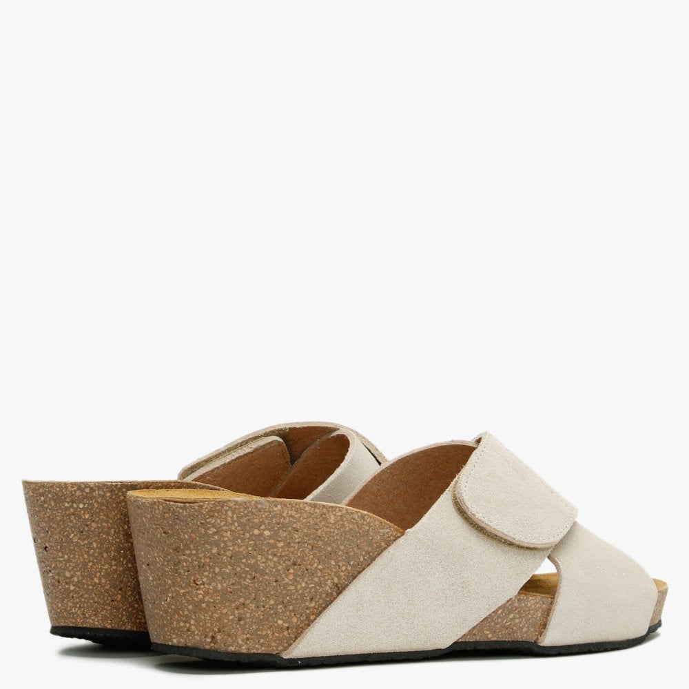 Peyton Beige Metallic Leather Cross Strap Wedge Mules