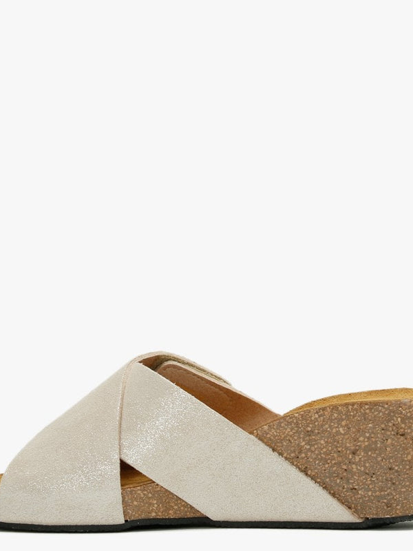 Peyton Beige Metallic Leather Cross Strap Wedge Mules