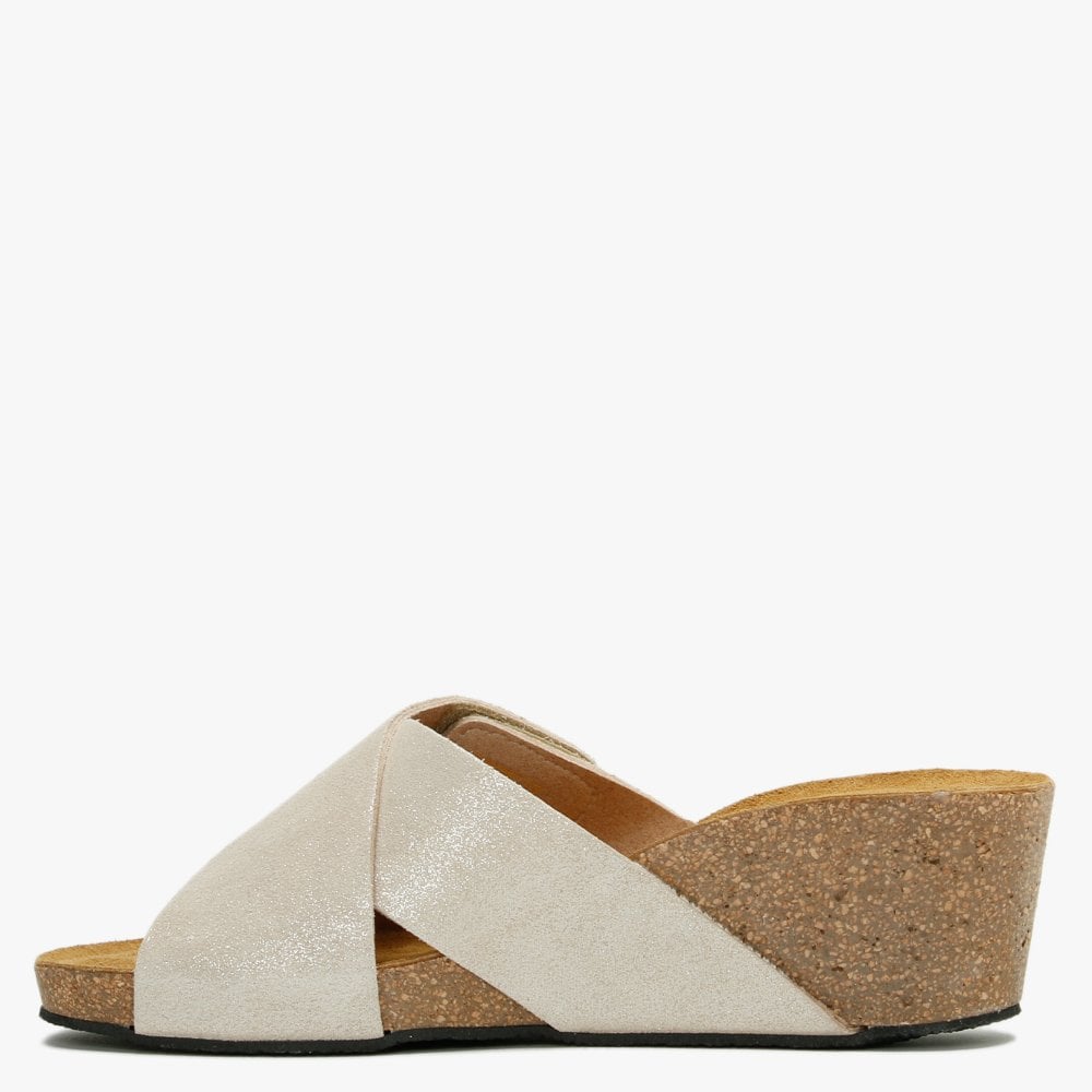 Peyton Beige Metallic Leather Cross Strap Wedge Mules