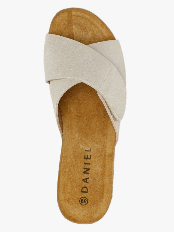 Peyton Beige Metallic Leather Cross Strap Wedge Mules