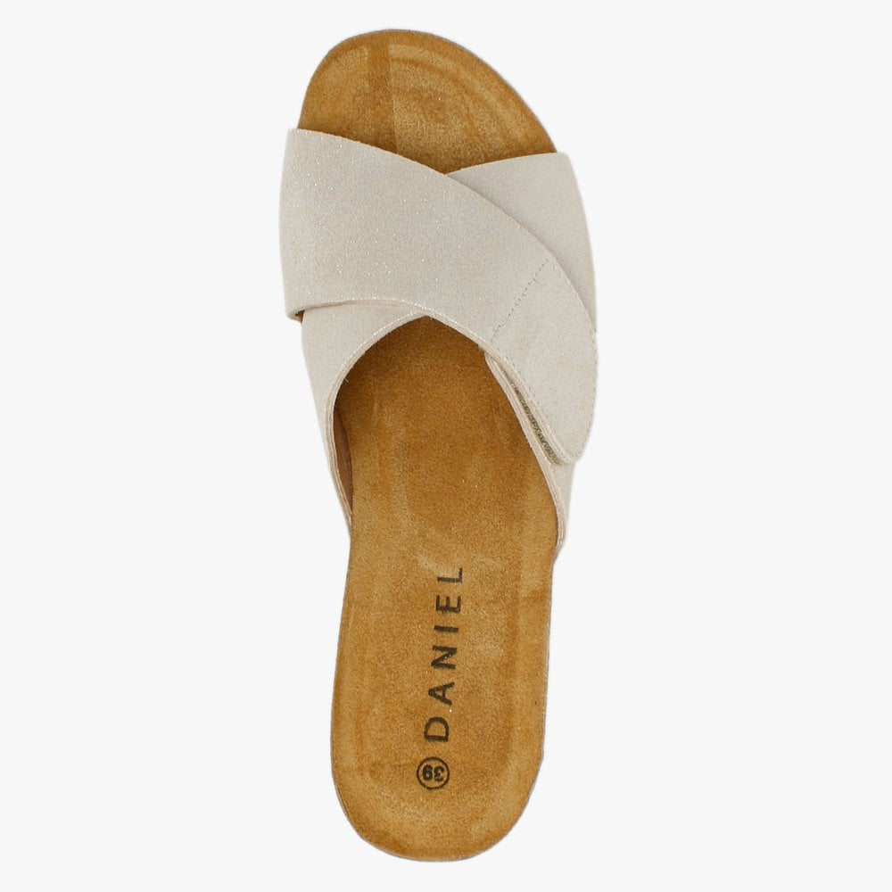 Peyton Beige Metallic Leather Cross Strap Wedge Mules