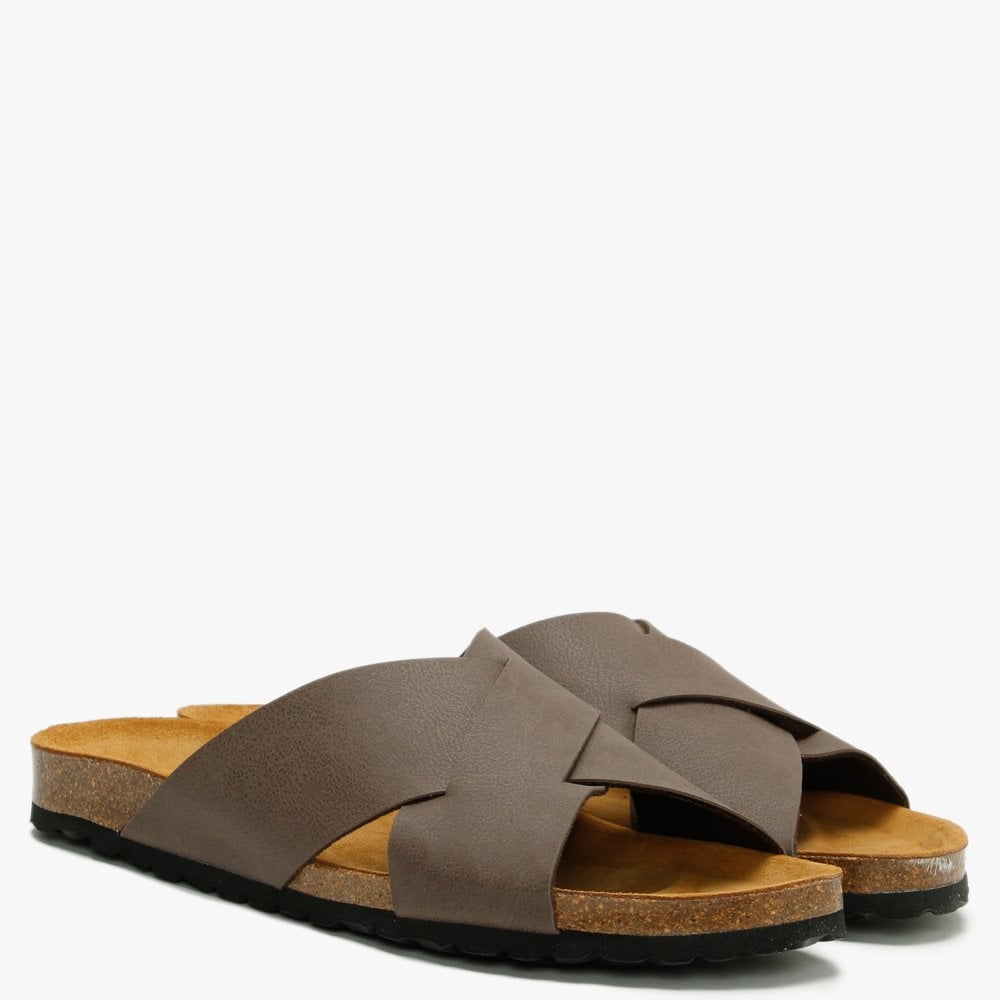 Mandel Brown Cross Strap Sliders