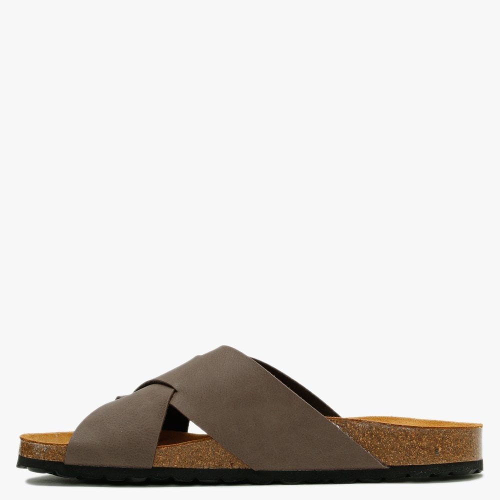 Mandel Brown Cross Strap Sliders