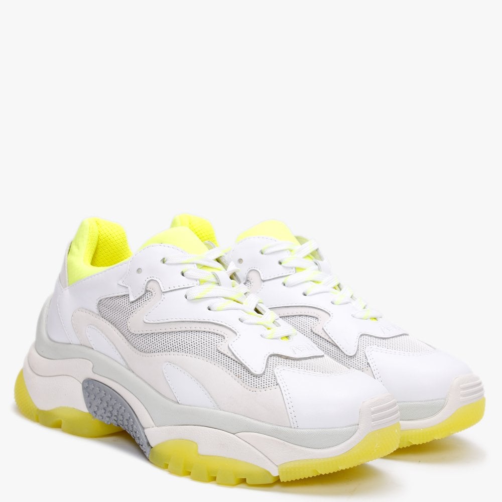 Addict White Fluo Yellow Leather & Mesh Chunky Trainers