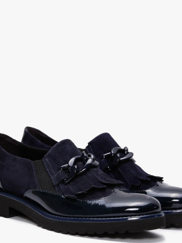 Lumino Navy Patent Leather Fringe Loafers