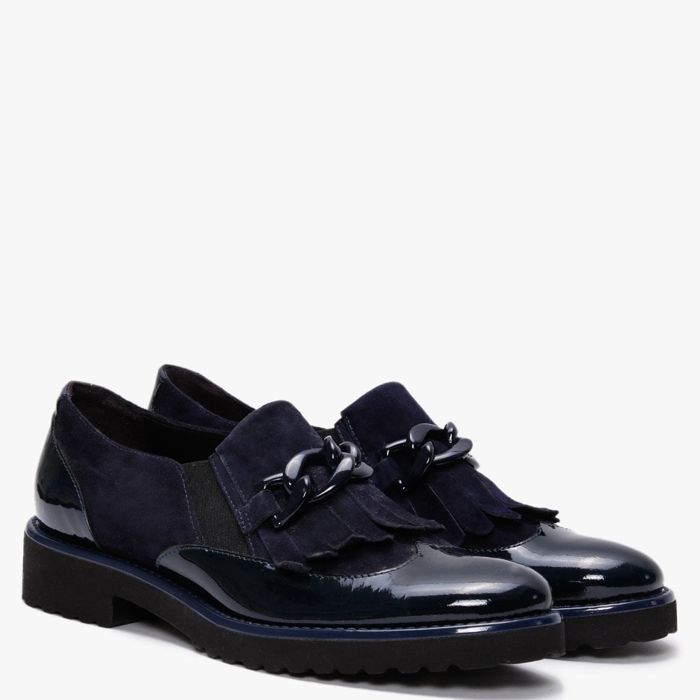 Lumino Navy Patent Leather Fringe Loafers