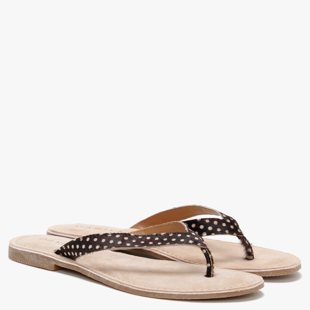 Zenda Brown Polka Dot Calf Hair Toe Post Sandals