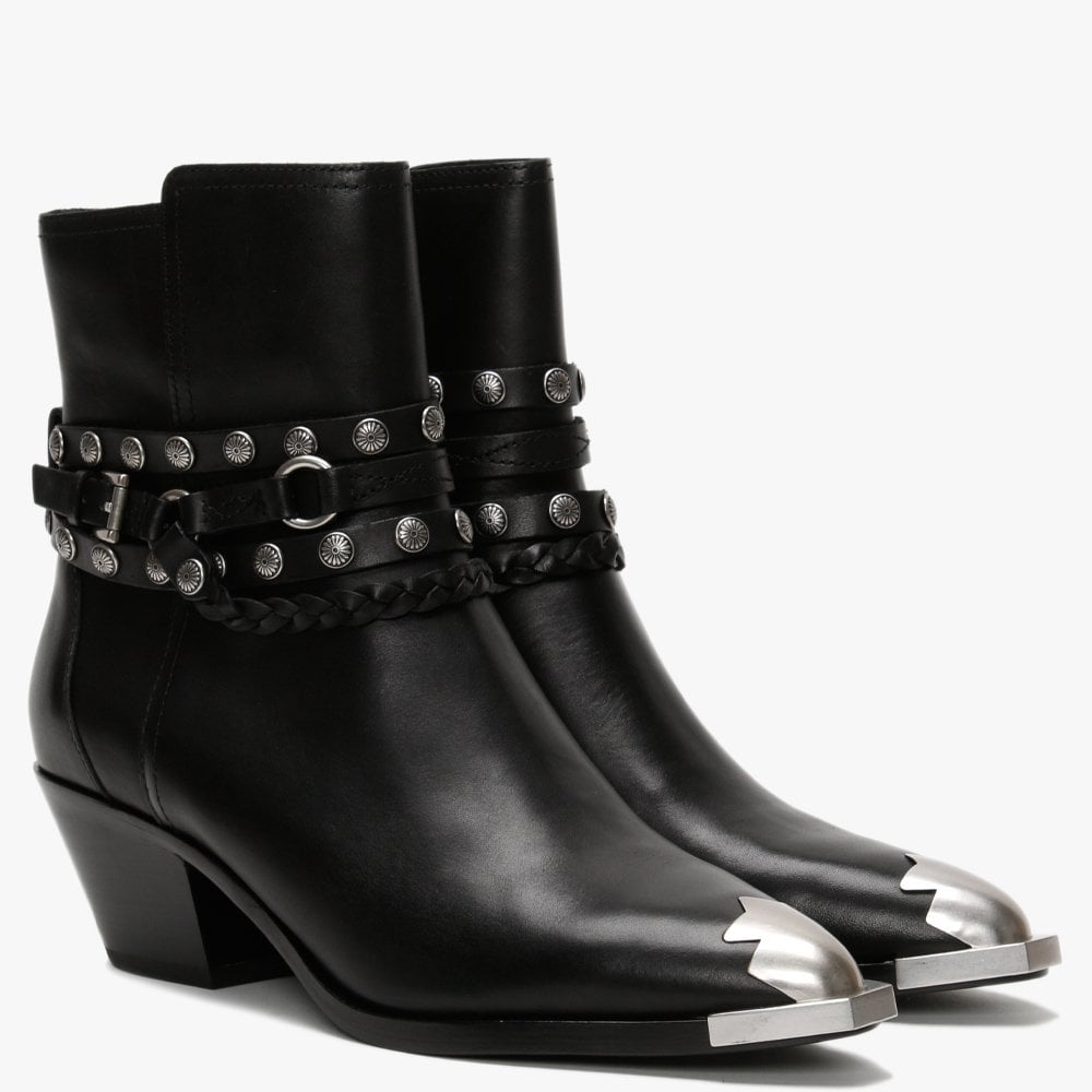 Folk Black Leather Western Ankle Boots