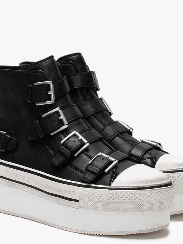 Jewel Black Leather Buckled High Top Platform Trainers